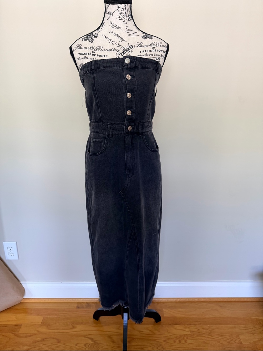 Forever 21 Black Strapless Button-Front Denim Maxi Dress